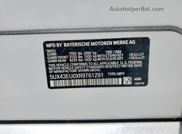 5UX43EU0XR9T61291 2024 BMW X5 Белый 