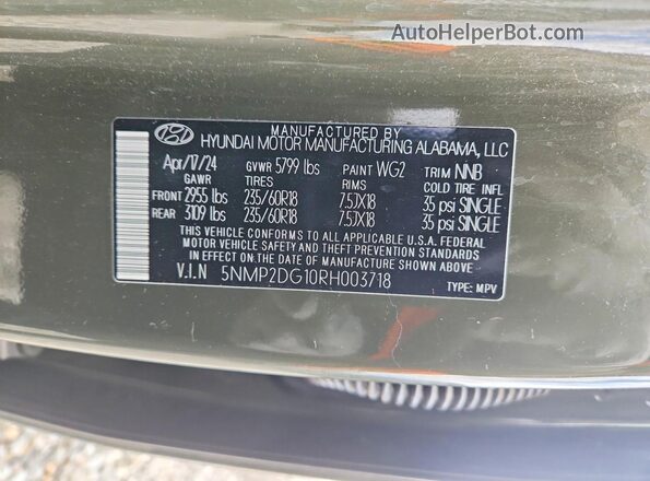 5NMP2DG10RH003718 2024 HYUNDAI SANTA Green VIN კოდის სტიკერის ხედი