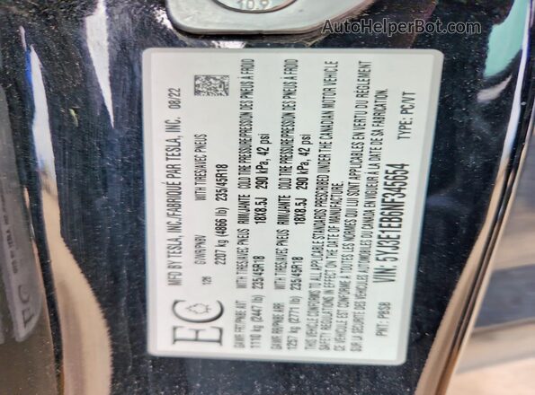 5YJ3E1EB6NF345654 2022 TESLA MODEL Black Vista de la etiqueta del VIN