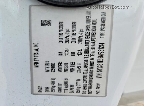 5YJ3E1EB9NF231244 2022 TESLA MODEL White VIN კოდის სტიკერის ხედი