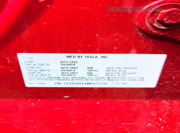 5YJYGDEE0MF072138 2021 TESLA MODEL Red VIN sticker view