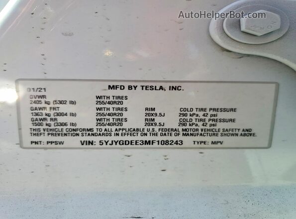 5YJYGDEE3MF108243 2021 TESLA MODEL White VIN կոդի պիտակի տեսք