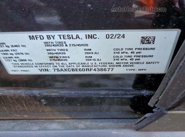 7SAXCBE60RF438677 2024 TESLA X Charcoal Вид наклейки з VIN-кодом