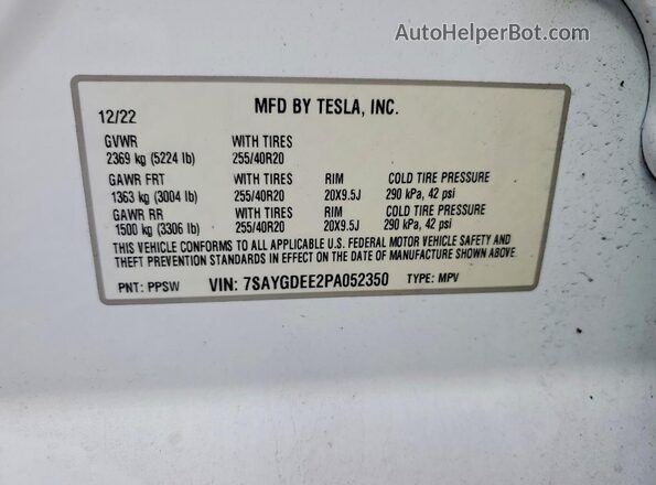 7SAYGDEE2PA052350 2023 TESLA MODEL White VIN կոդի պիտակի տեսք