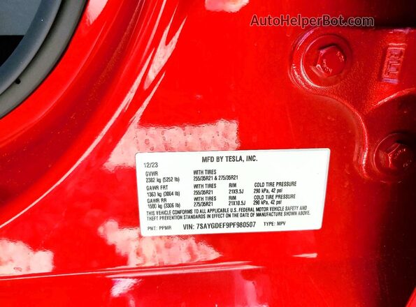7SAYGDEF9PF980507 2023 TESLA MODEL Red Շարժիչի բաժամունքի տեսք