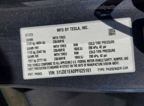 5YJ3E1EA0PF625161 2023 TESLA MODEL Gray Vista de la etiqueta del VIN