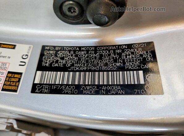 JTDKAMFP9M3185252 2021 TOYOTA PRIUS Silver Widok naklejki z numerem VIN