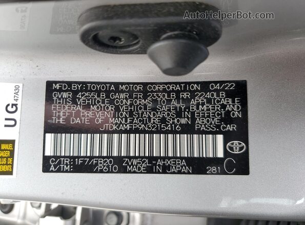 JTDKAMFP9N3215416 2022 TOYOTA PRIUS Silver Vista de la etiqueta del VIN