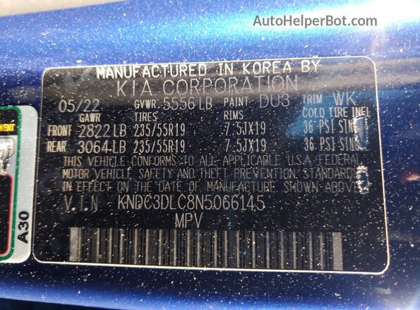 KNDC3DLC8N5066145 2022 KIA EV6 Blue VIN sticker view