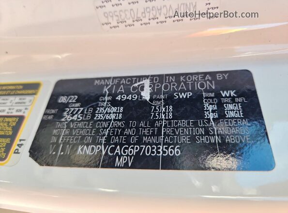 KNDPVCAG6P7033566 2023 KIA SPORTAGE White VIN կոդի պիտակի տեսք