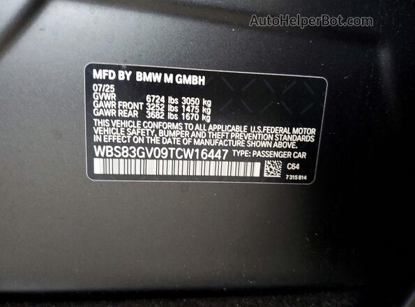 WBS83GV09TCW16447 2026 BMW M5 Gray Widok naklejki z numerem VIN