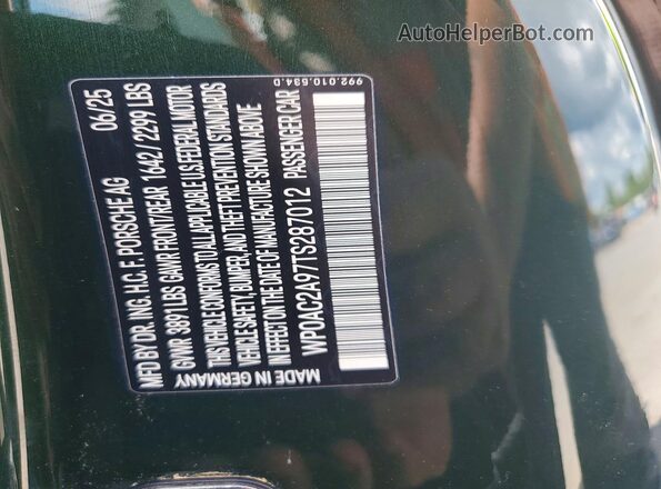 WP0AC2A97TS287012 2026 PORSCHE 911 Зеленый Вид наклейки с VIN-кодом