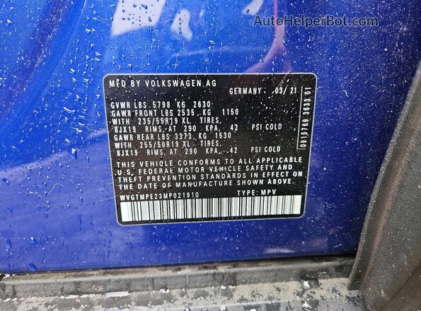 WVGTMPE23MP021910 2021 VOLKSWAGEN ID.4 Blue Engine compartment view