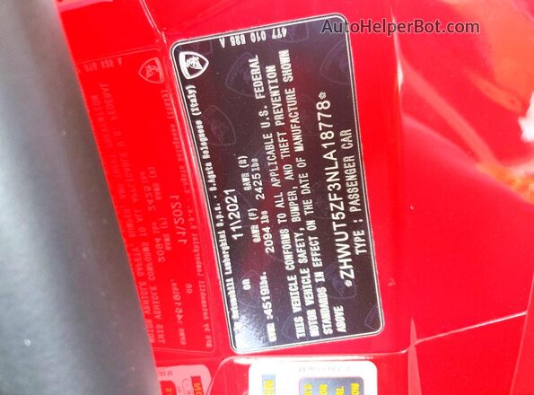 ZHWUT5ZF3NLA18778 2022 LAMBORGHINI HURACAN Red Vista del compartimento del motor